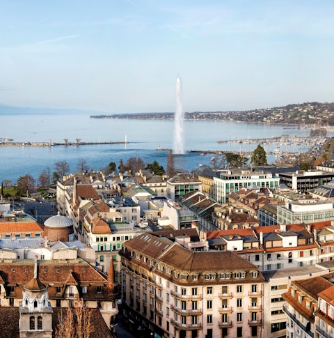 Aerial shot of Geneva Old Town and Lake Geneva