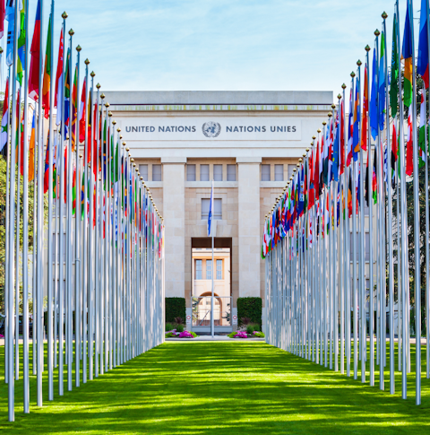 Front view of Palais Des Nations in Geneva - home of the United Nations Office.