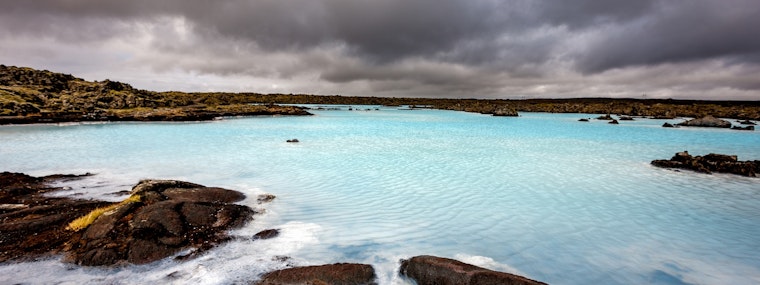 Wide shot of blue lagoon in Iceland