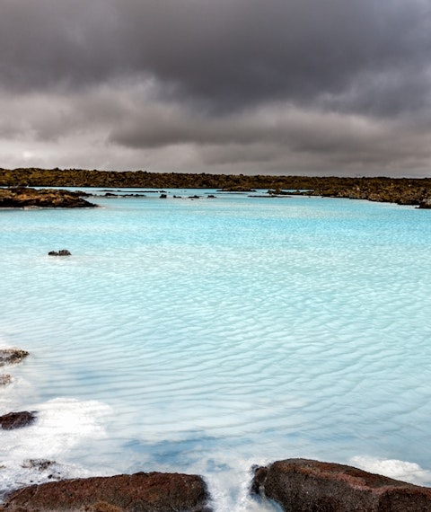 Wide shot of blue lagoon in Iceland