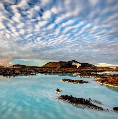 View of Blue Lagoon in Iceland at sunset