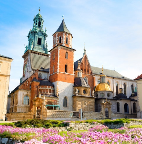 Front view of Wawel Castle and Cathedral in Krakow