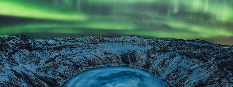 Aurora borealis above Kerid Crater, Kerid Crater, Klausturholar, Golden Circle Route