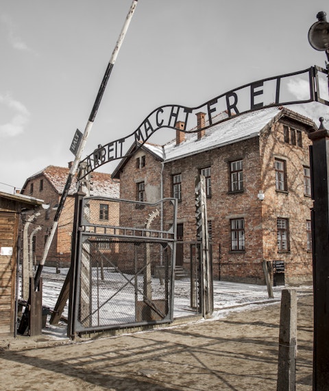 Entrance gate of concentration camp Auschwitz-Birkenau in Oswiecim, Poland
