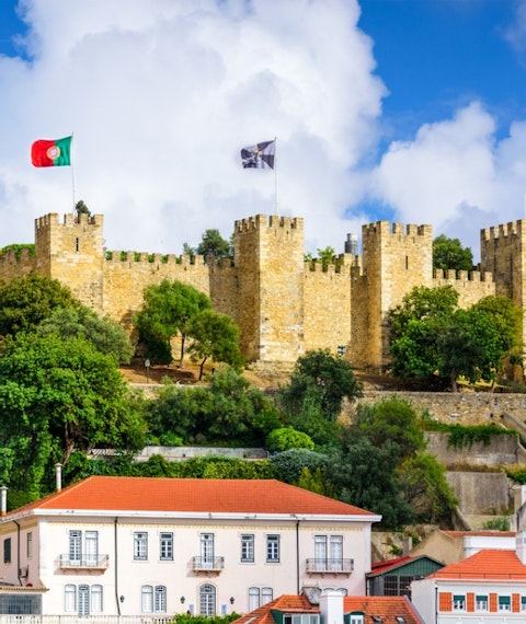 Long range shot of Castelo de São in Lisbon Jorge on hill