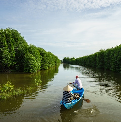 Person rowing a boat along Mekong Delta in Vietnam