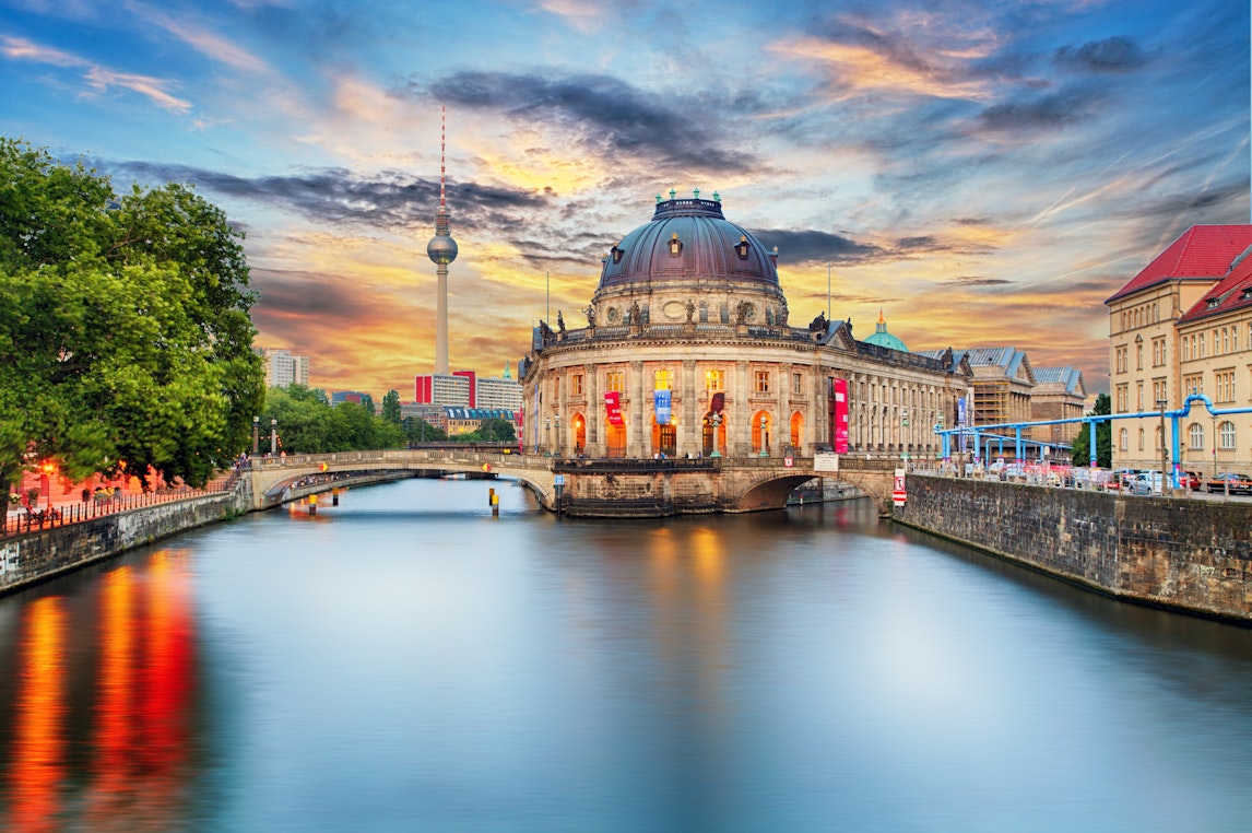 An exterior shot of Museum Island in Berlin at sunset