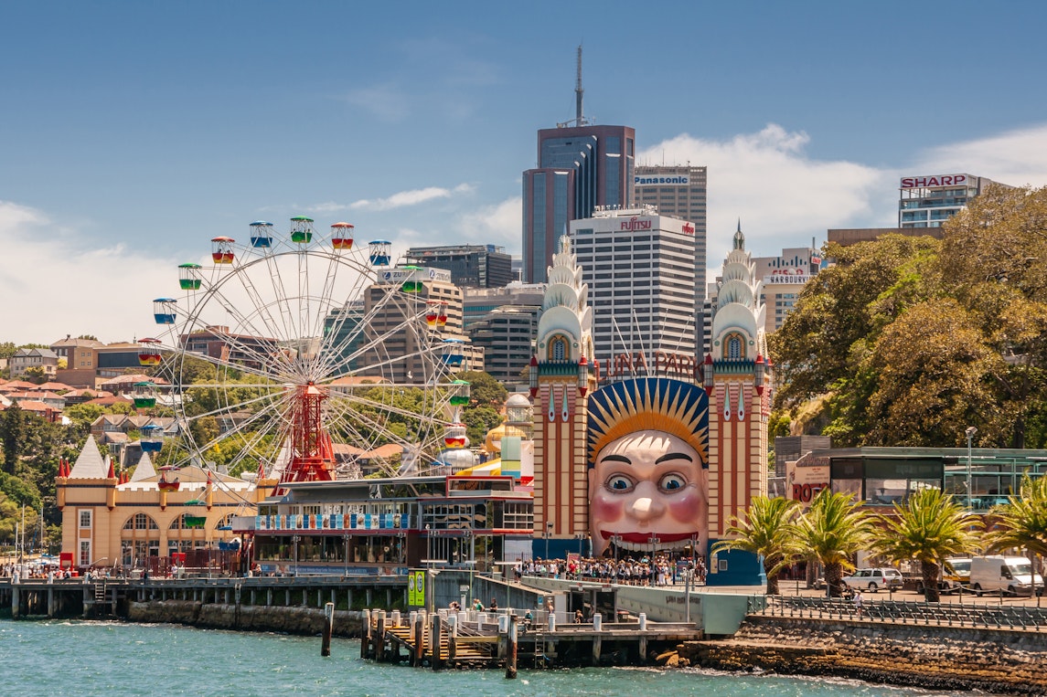 Wide shot of Luna Park Amusement Park in Sydney