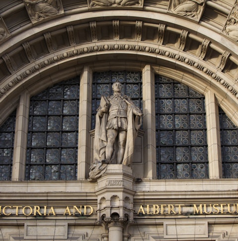 Victoria & Albert museum entrance with sculpture of Prince Albert adorning the doorway
