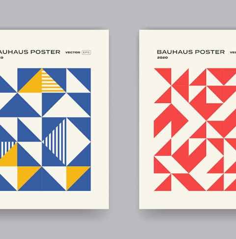 Four Bauhaus inspired images in blue, yellow, green and red