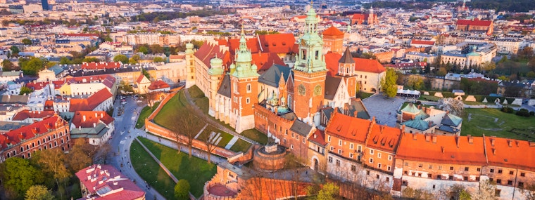 Krakow, Poland. Aerial drone view of Wawel Hill and Cathedral. Vistula riverbank