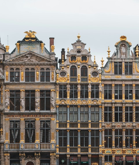 Brown and black buildings with gold architecture under grey skies in Brussels