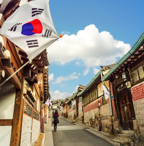Street with flag in South Korea