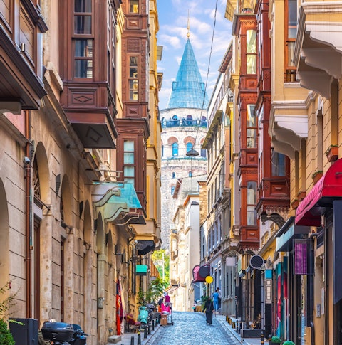 Galata Tower in Istanbul, view from the narrow street.