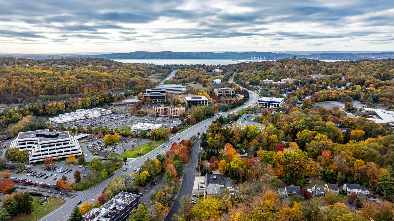 Fall afternoon aerial photo over White Plains Road, NY Route 119,Tarrytown, NY in Westchester County