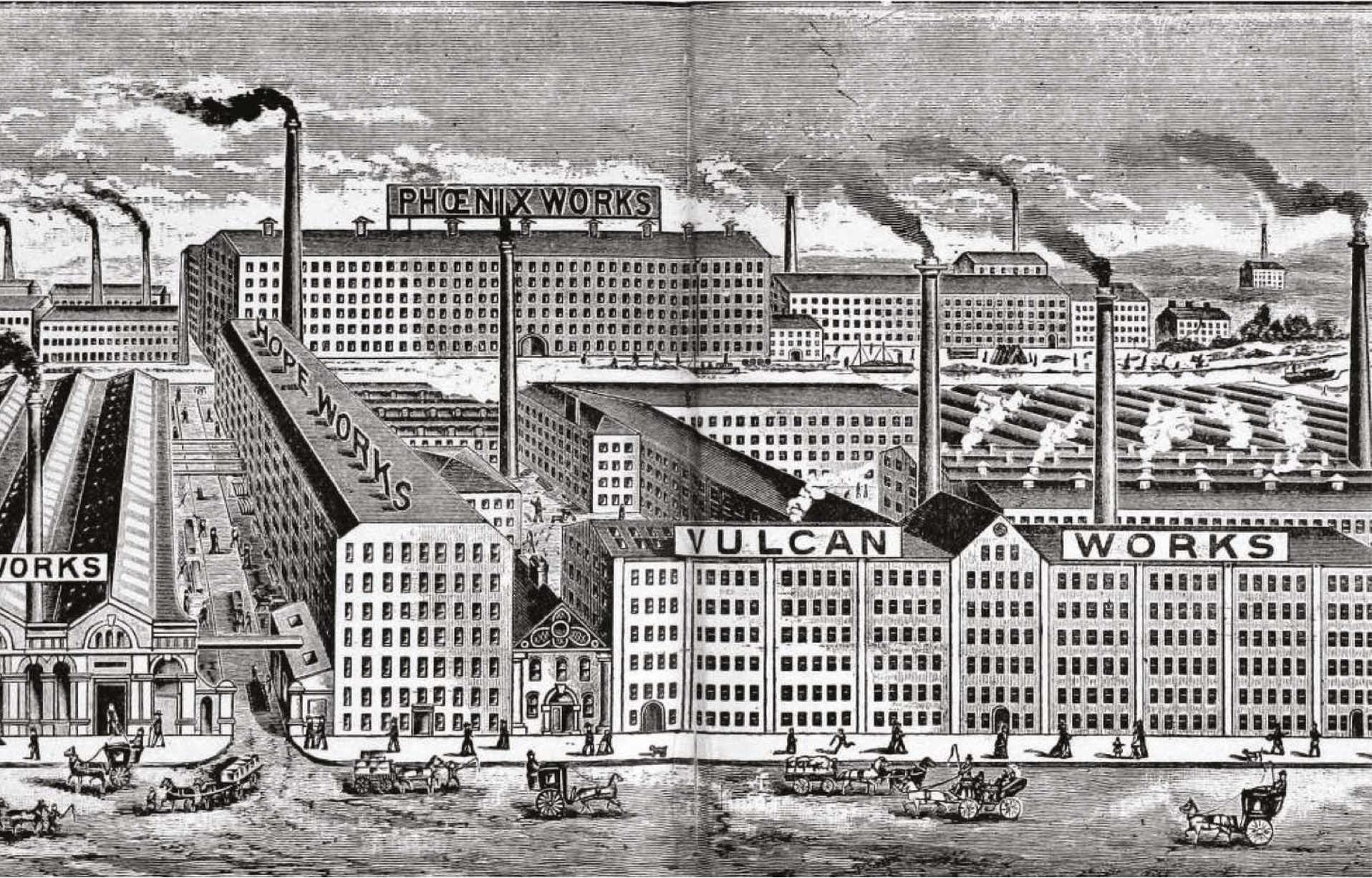 Illustration by Frank Wrightman of the industrial skyline, as viewed from Hillkirk St Croft in 1930. Crusader Mill is labelled as “Phoenix Works".
