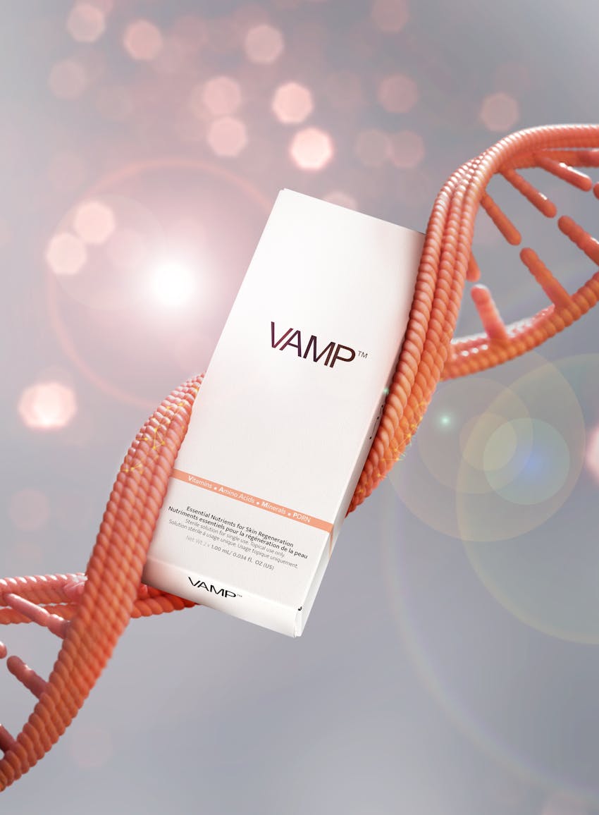 An photoshopped image of the VAMP™ Salmon DNA Skin Rejuvenation box centered between a DNA link with a spakrly background