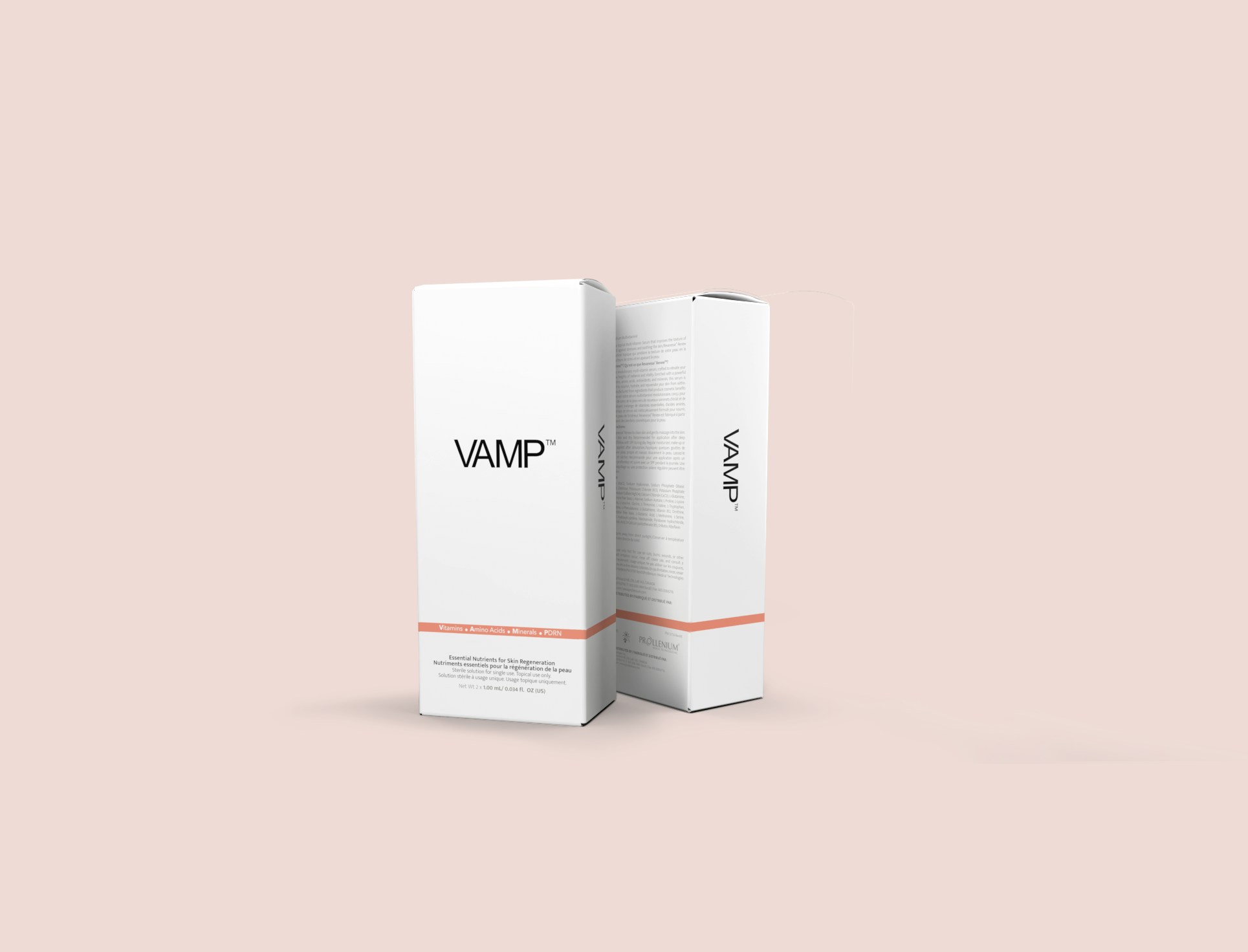 A product shot of the VAMP™ Salmon DNA Skin Rejuvenation ( a white box with black letters and a thin pink line at the bottom of the box)