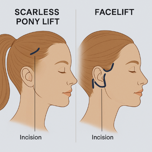 diagram of the scarless pony lift incision versus the facelift incisions