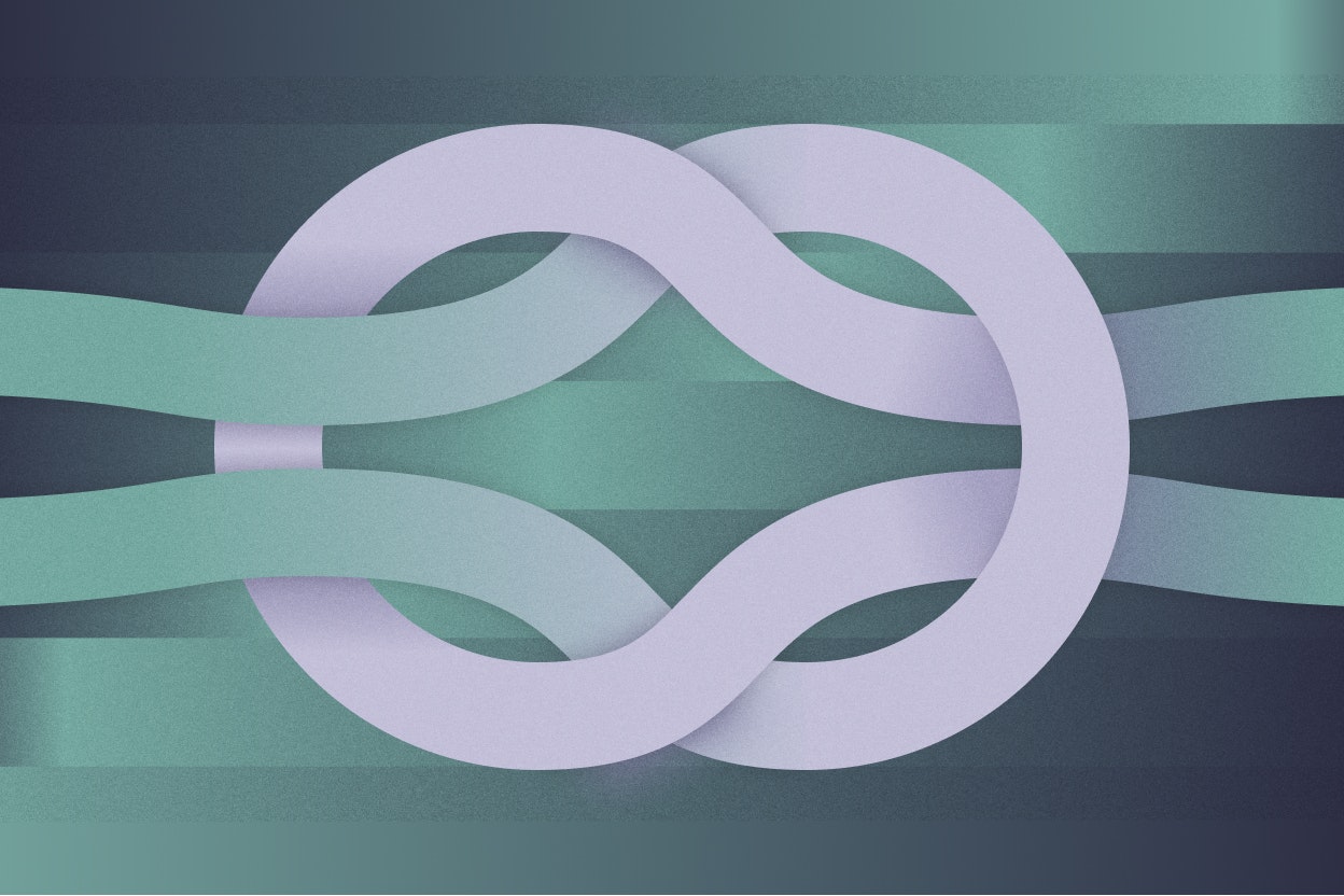 Abstract illustration of two geometric lines weaving a square knot.