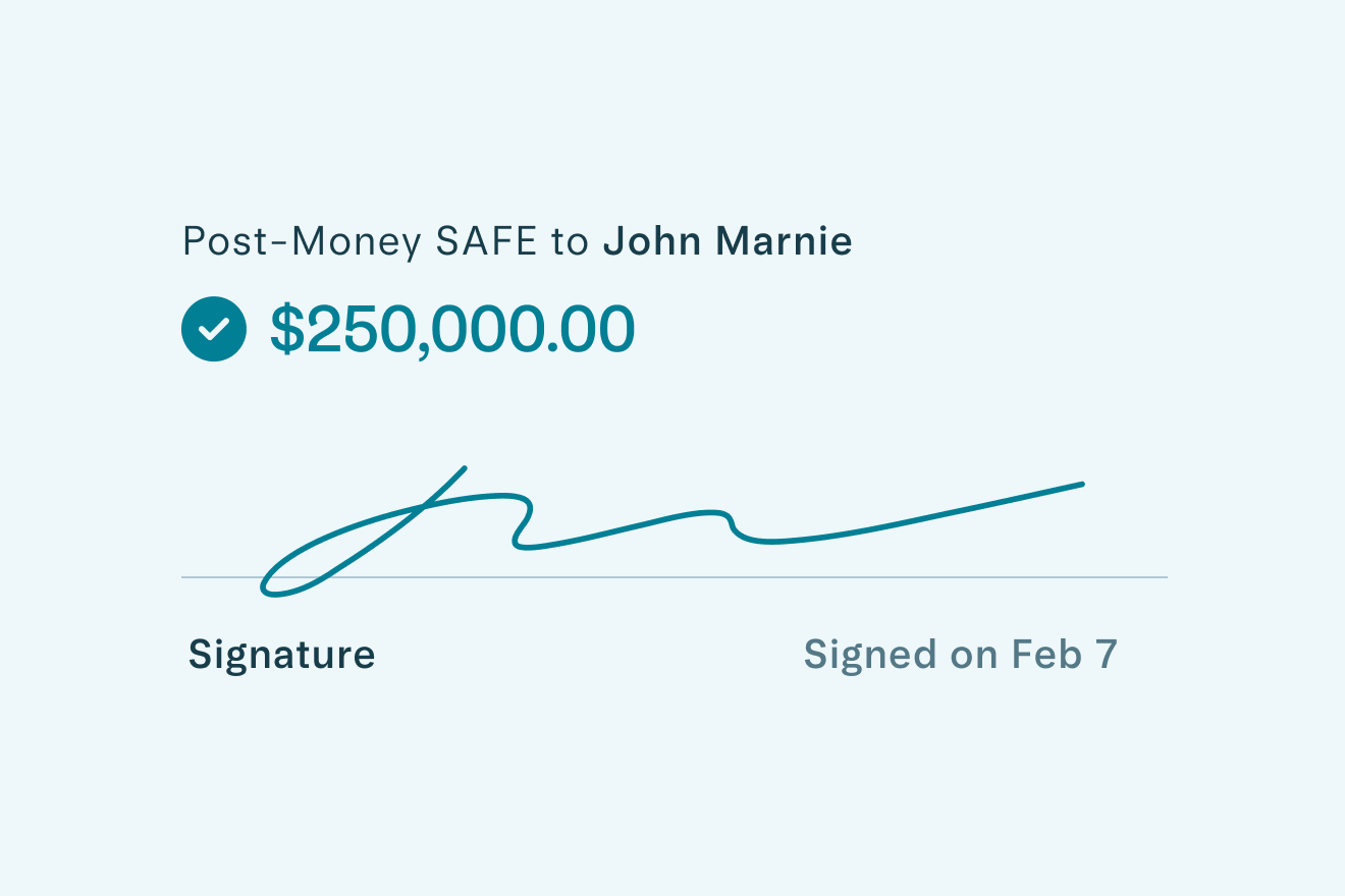 Stylized representation of a Simple Agreement for Future Equity, with a $250,000 Post-Money SAFE Signed by John Marnie
