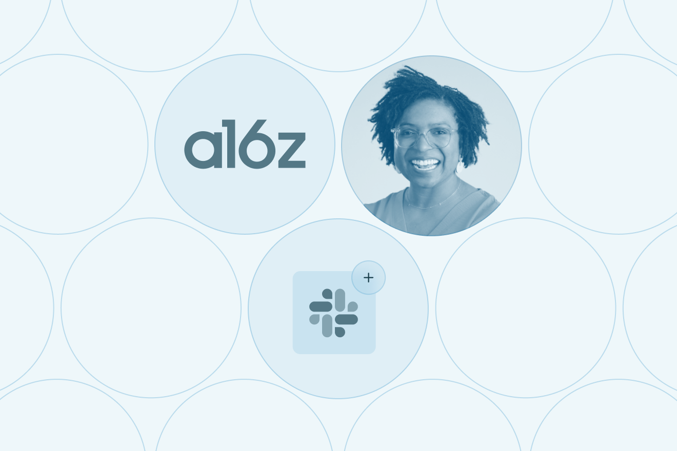 Andreesen Horowitz Logo, Slack logo, and headshot of an investor clustered together