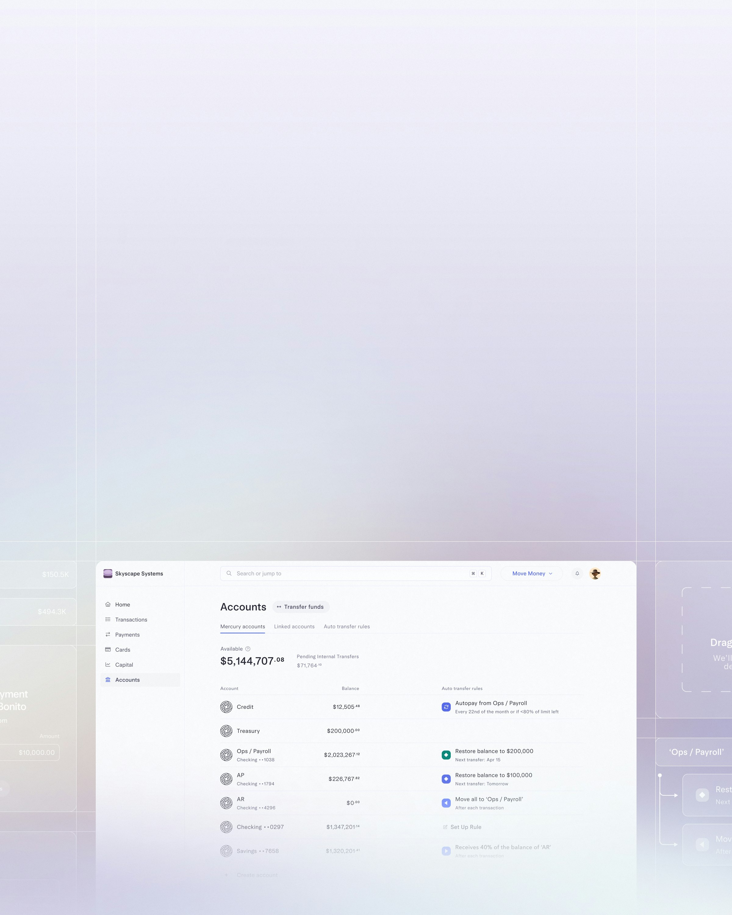 Transparent UI and gridlines surrounding the accounts dashboard