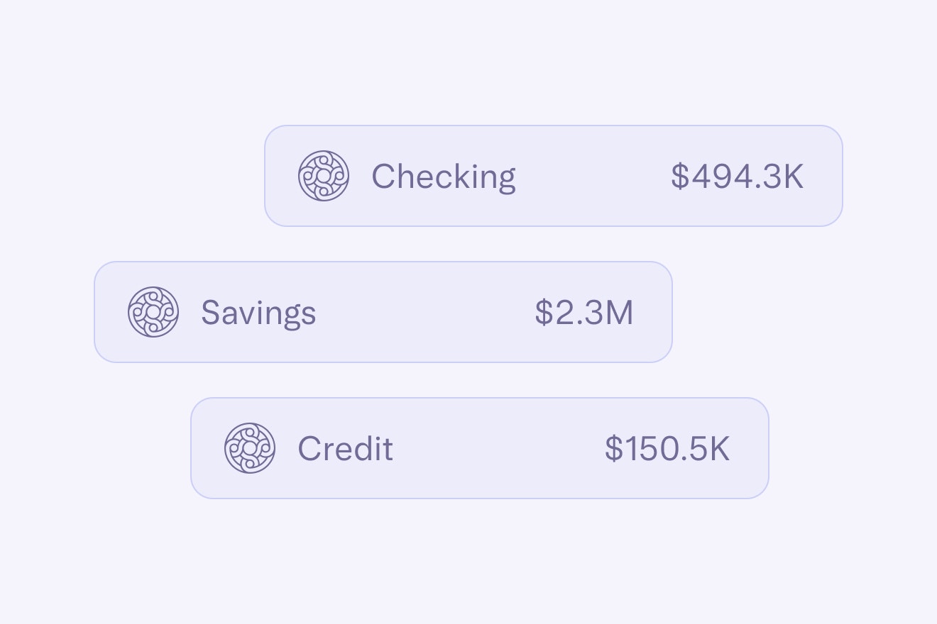 Abstracted UI showing various accounts: checking, savings, and credit.