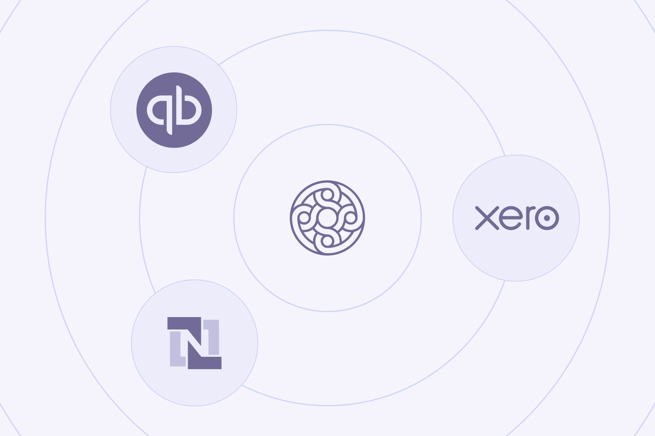 Imagery of accounting integrations: QuickBooks, Xero, and Netsuite orbiting around the Mercury logo