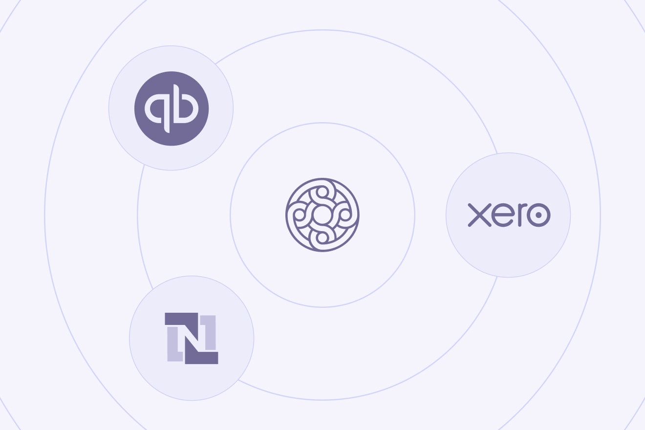 Imagery of accounting integrations: QuickBooks, Xero, and Netsuite orbiting around the Mercury logo
