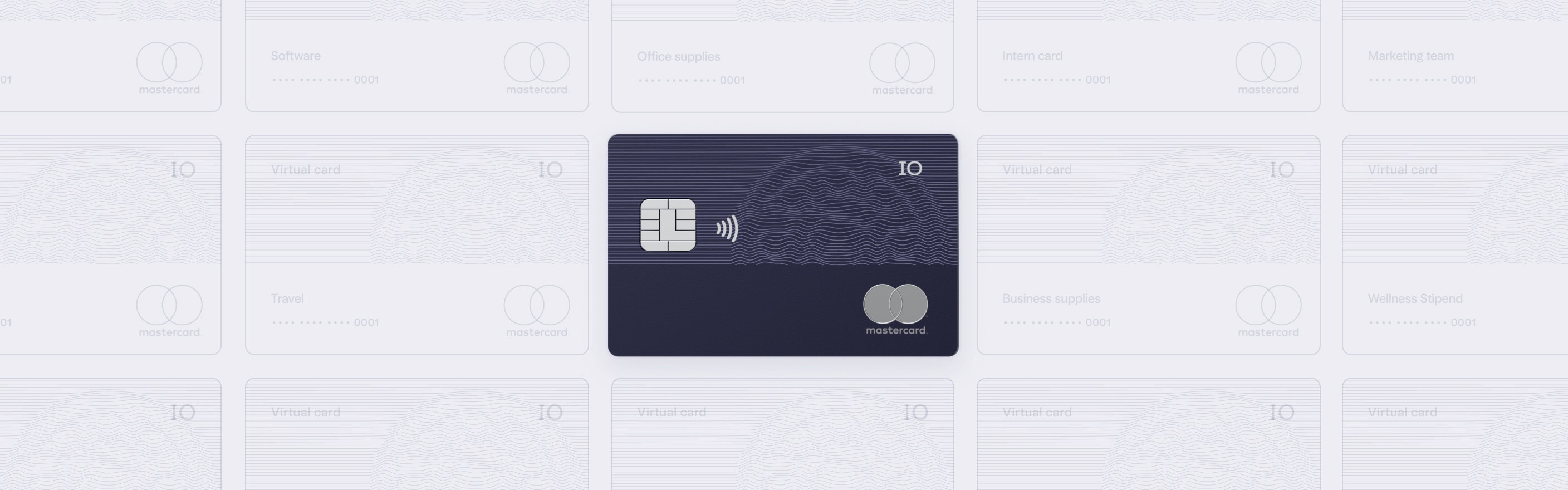 The IO credit card at the center surrounded by a grid of named virtual cards with specific use cases (ex. lunch card, office supplies, etc.)