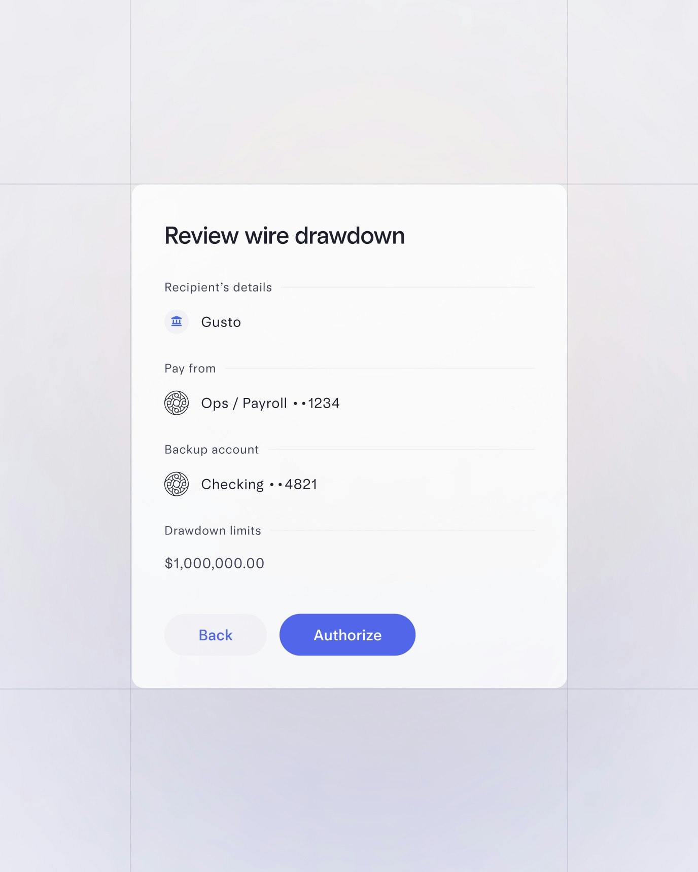UI showing a pre-authorization screen of a wire drawdown to payroll software