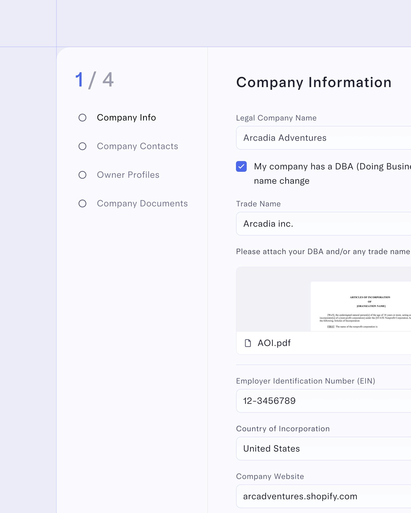 Image of the company info stage of the onboarding process