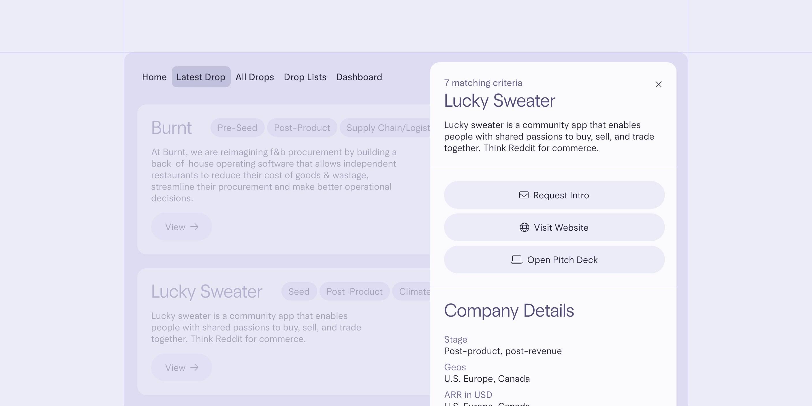 Image representative of the investor pool UI, where investors can get detailed information on up and coming companies