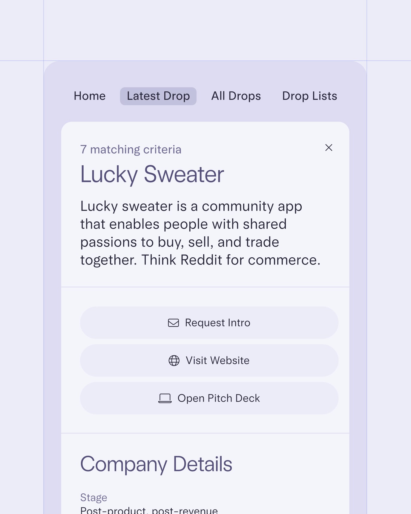 Image representative of the investor pool UI, where investors can get detailed information on up and coming companies