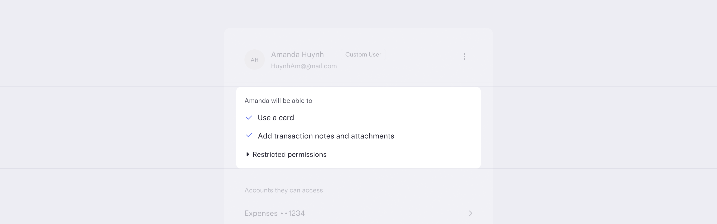 Example of user permissions with ability to use. a card and add transaction attachments