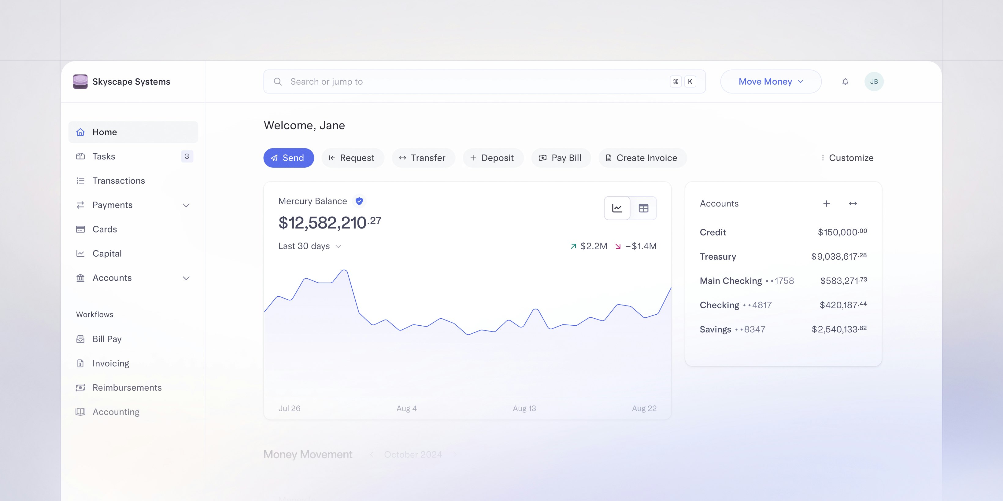 Product illustration of Mercury dashboard homepage.