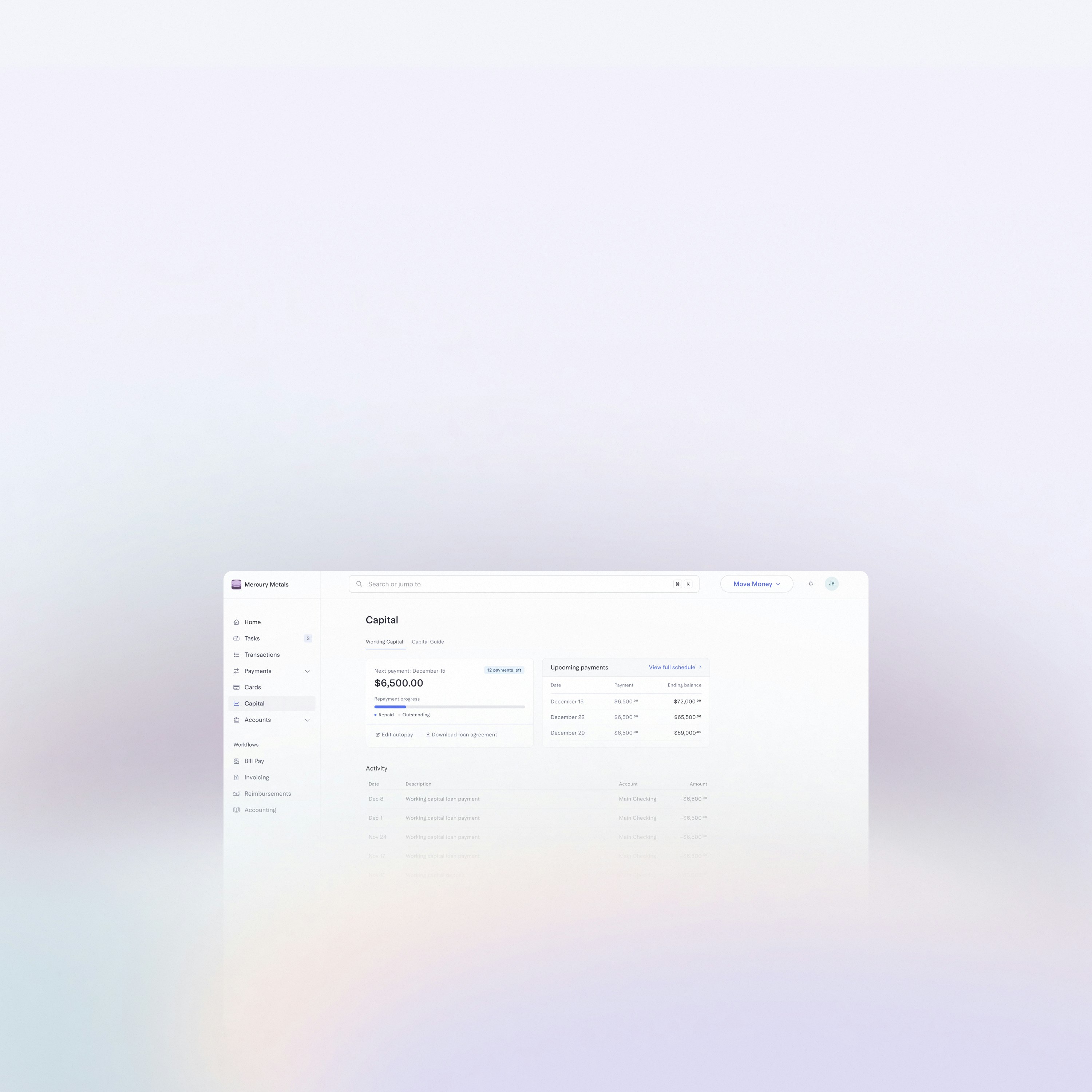 UI showing the working capital dashboard