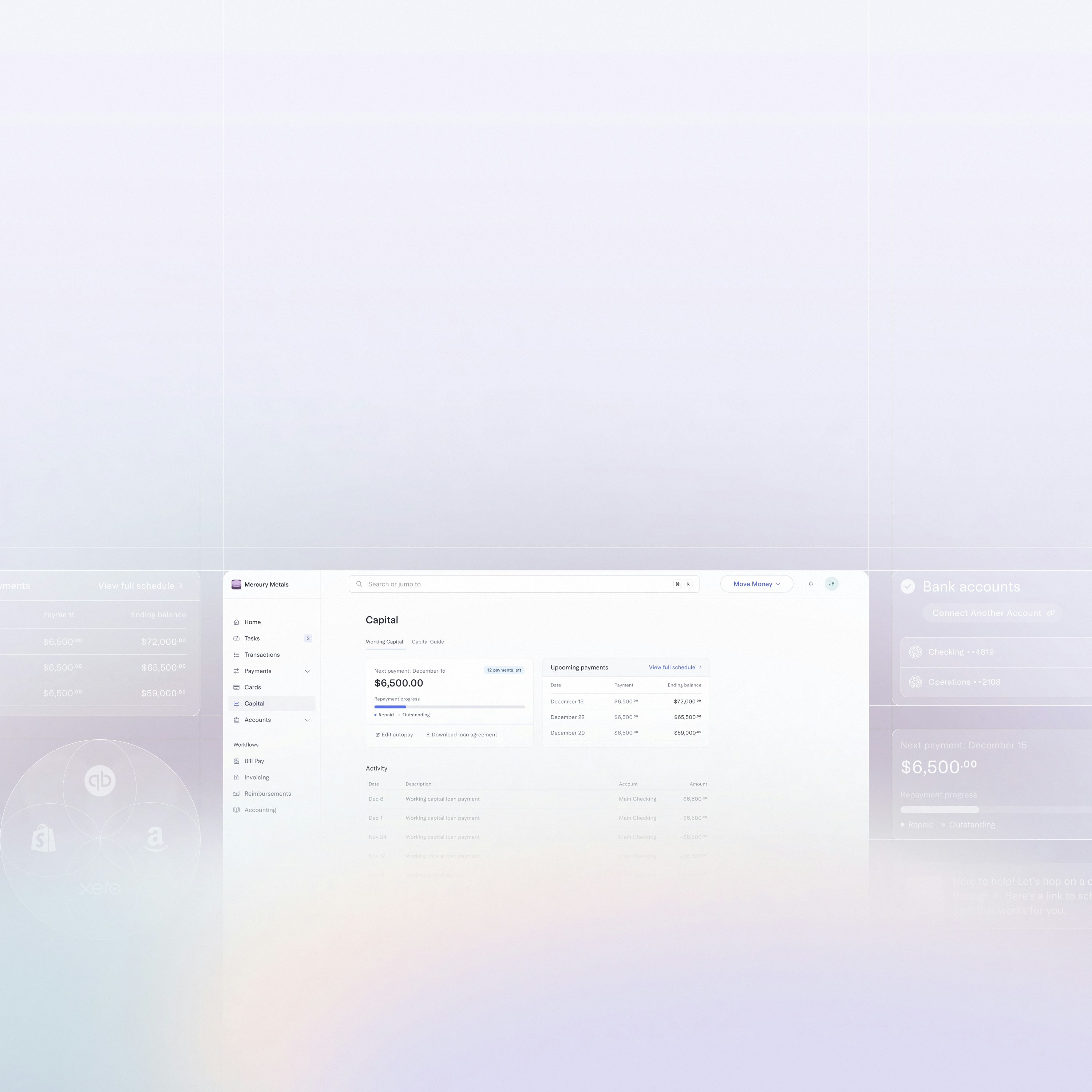 UI showing the working capital dashboard + frosted glass UI