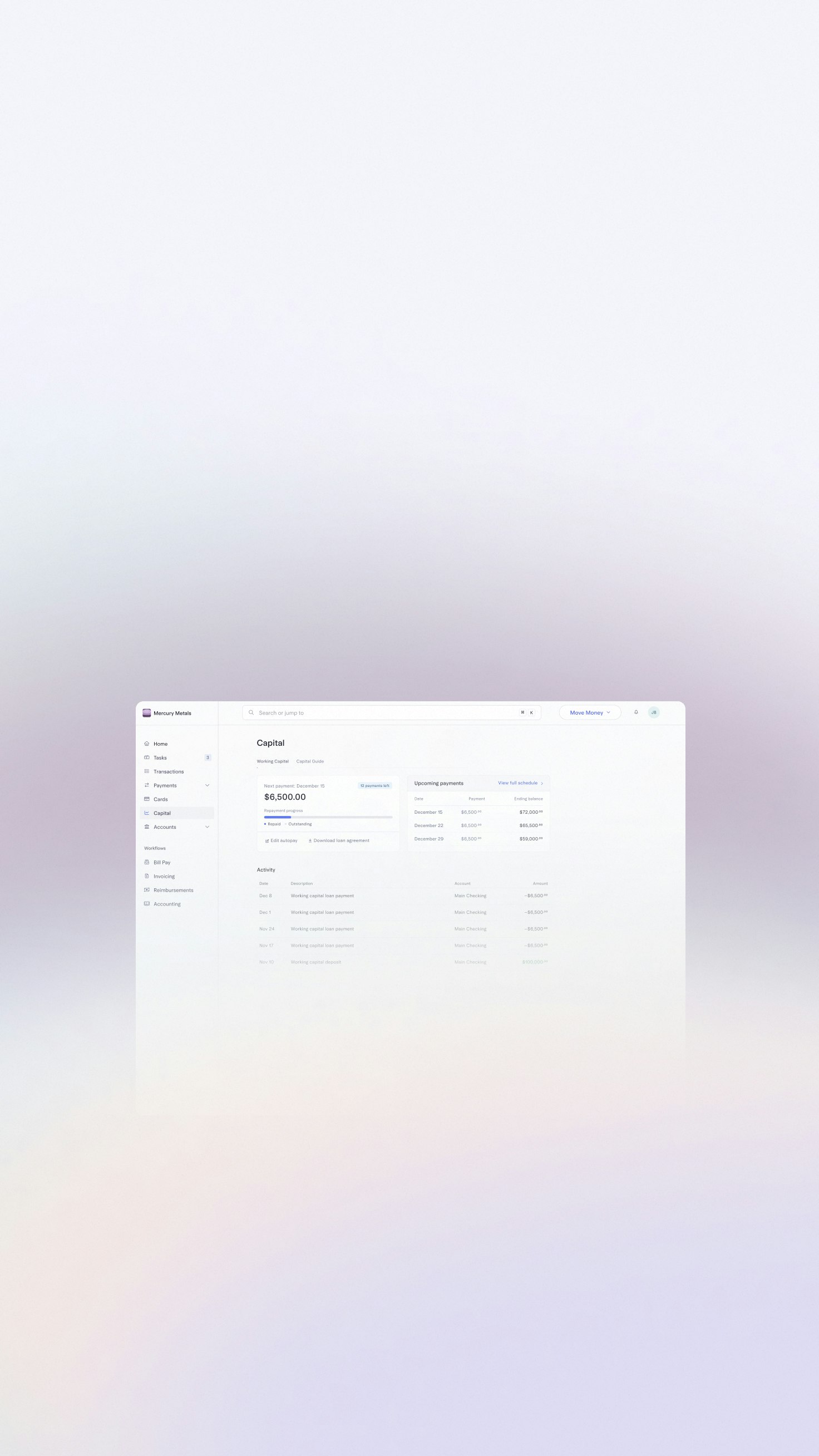 UI showing the working capital dashboard