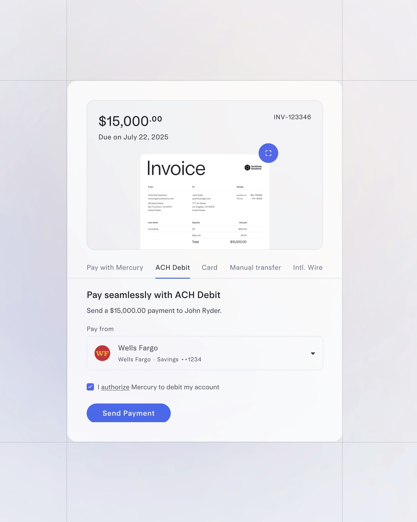 UI showing that users can pay invoices through Mercury & via card payment, wire, or transfer.