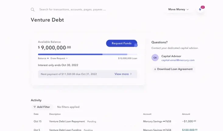Venture debt UI showing user drawing on their loan