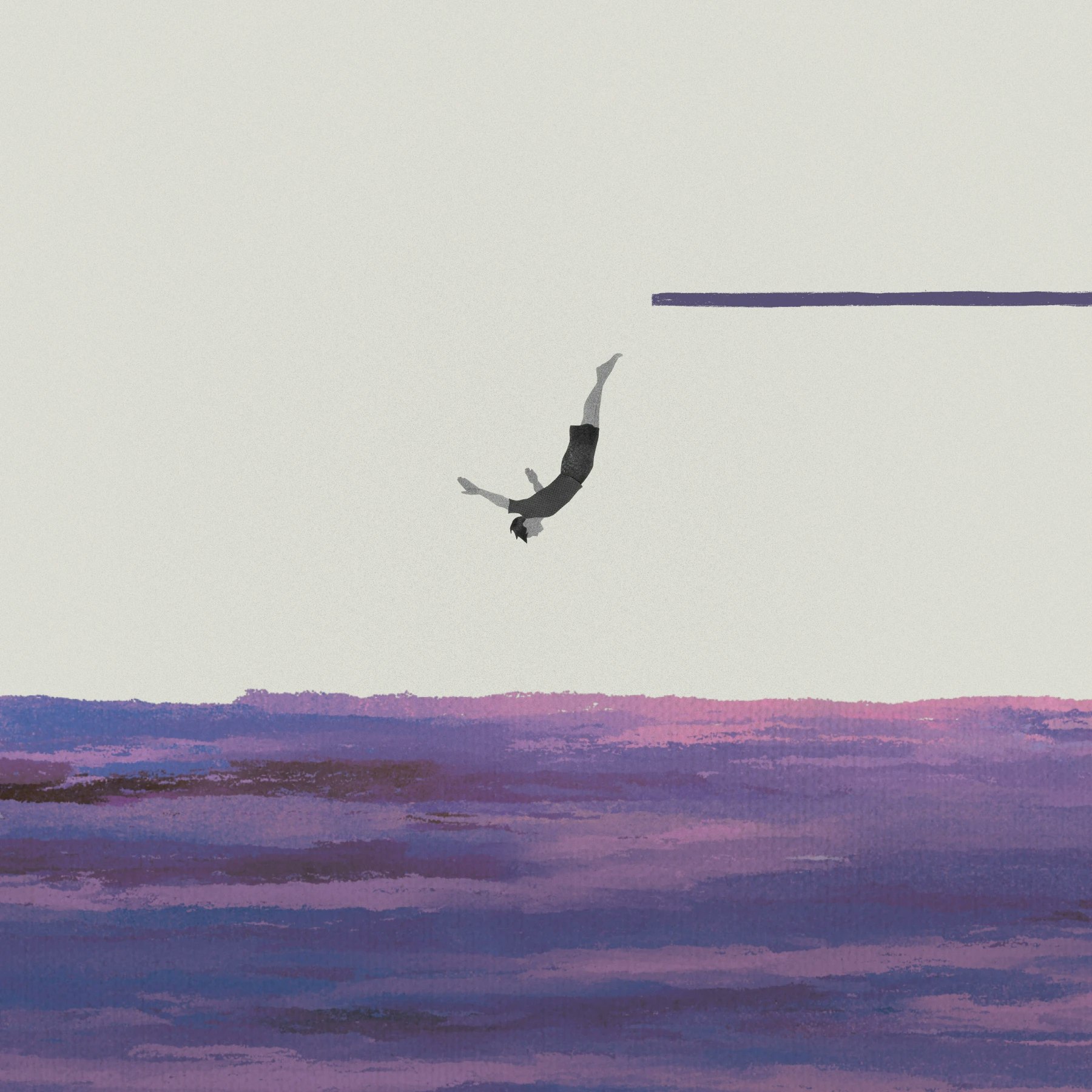Collaged illustration of a diver jumping into water made of purple, blue, pink paint strokes.