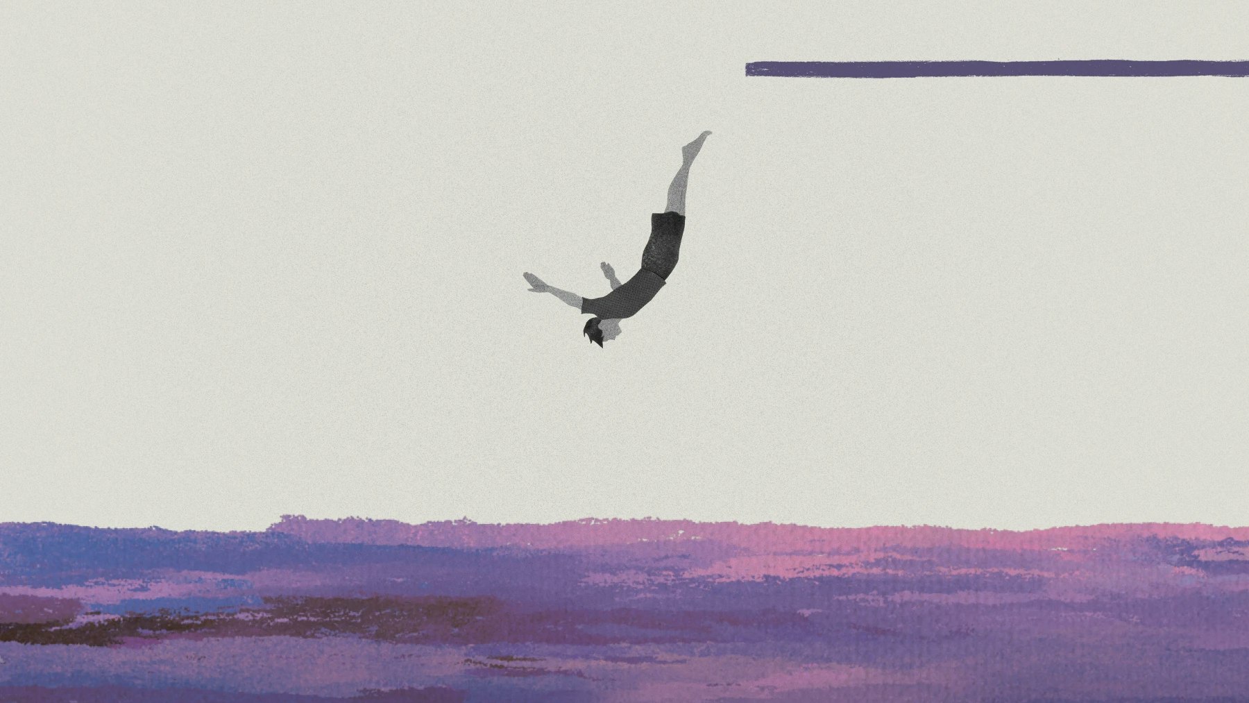 Collaged illustration of a diver jumping into water made of purple, blue, pink paint strokes.