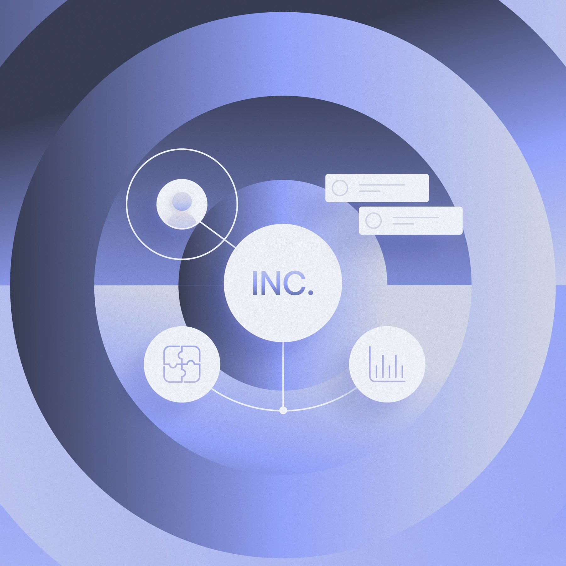 Illustration with 'INC.' in the center and various icons spawning from it, including a growth chart, puzzle, and investor profile.