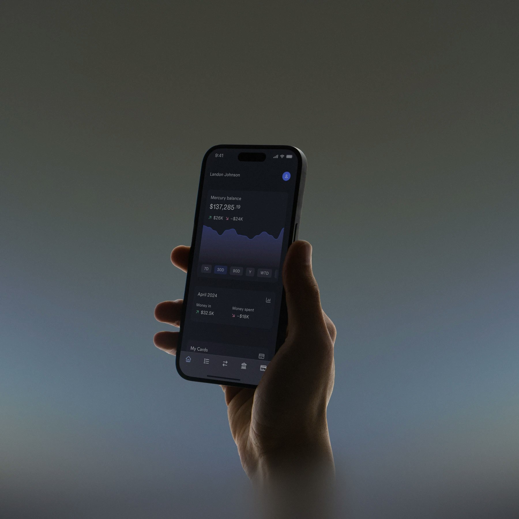 Mercury mobile app showing the personal banking dashboard