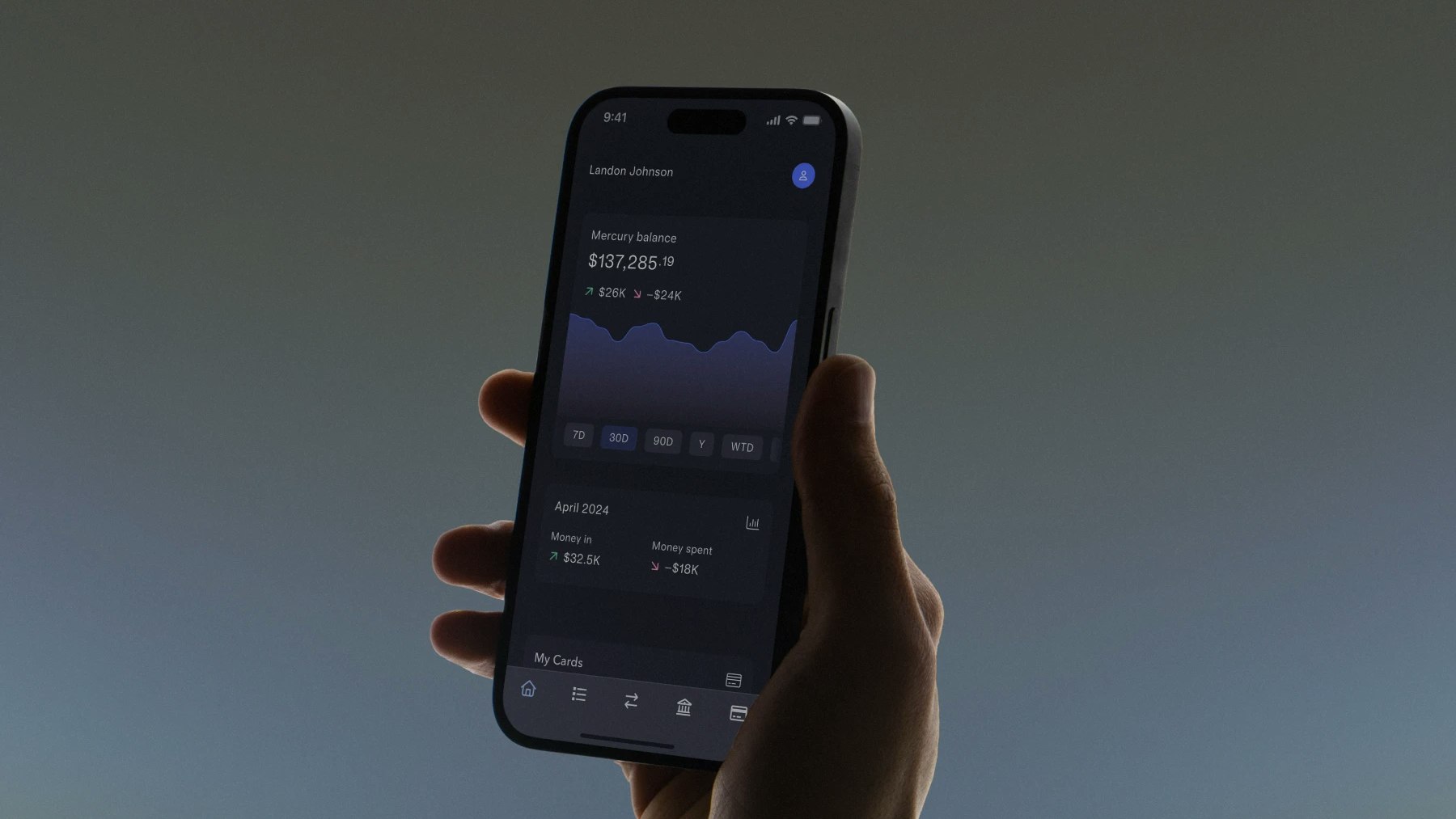 Mercury mobile app showing the personal banking dashboard