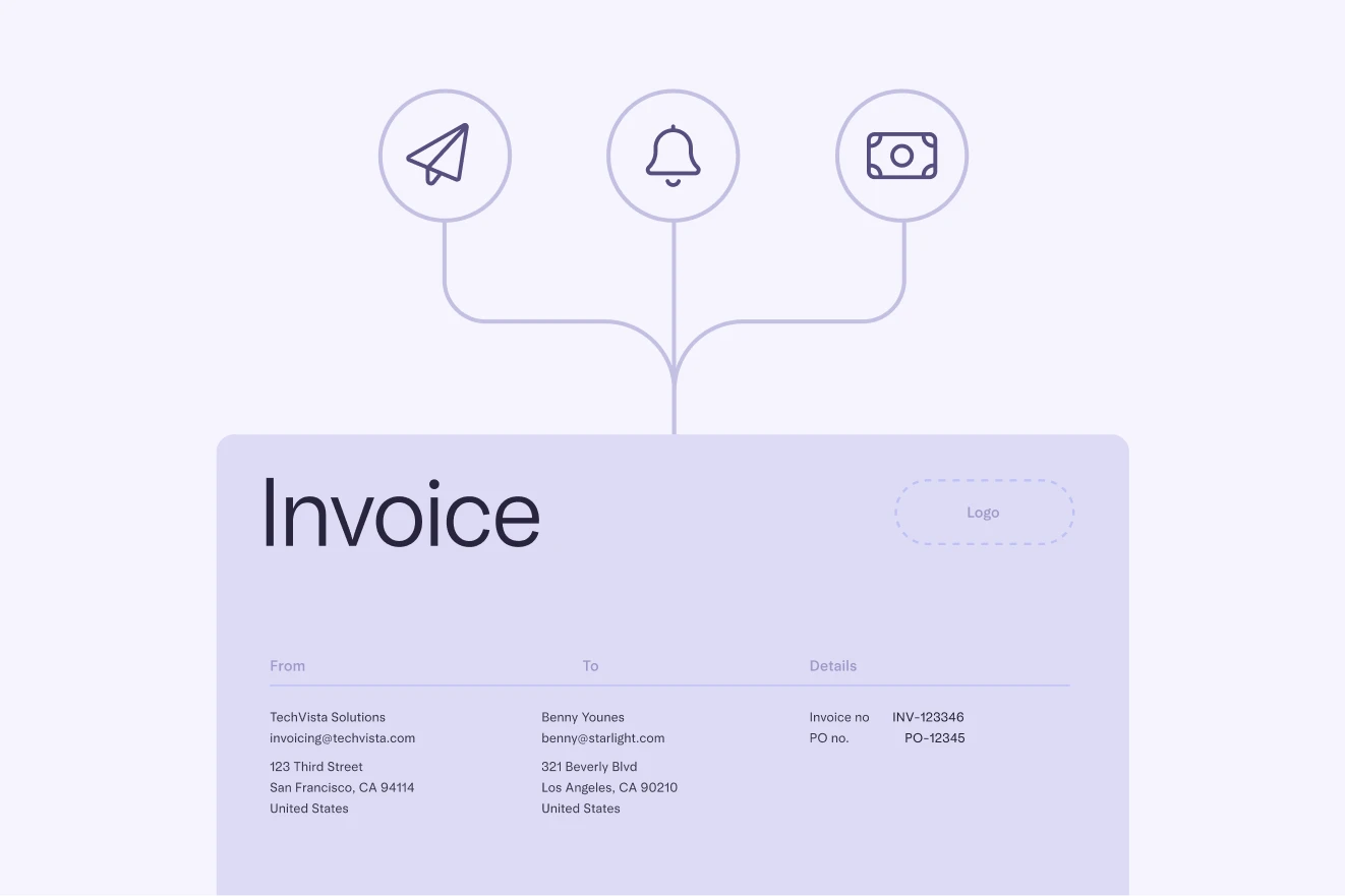 Image showing the actions you can take with invoices — send, remind, get paid all in Mercury.