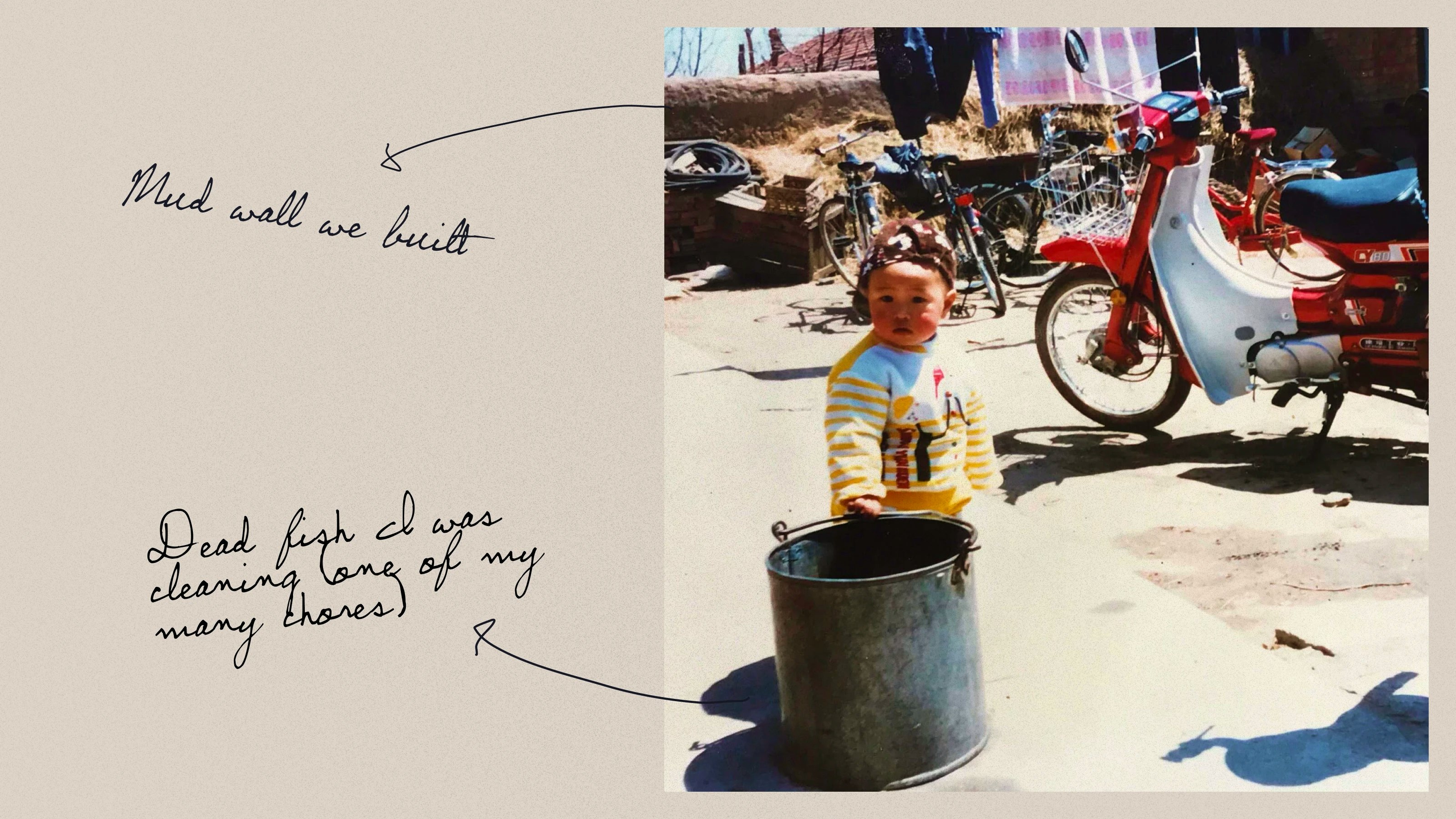 Childhood photo of JJ Tang, with handwritten text saying 'mud wall we built' and 'dead fish I was cleaning (one of my many chores)'