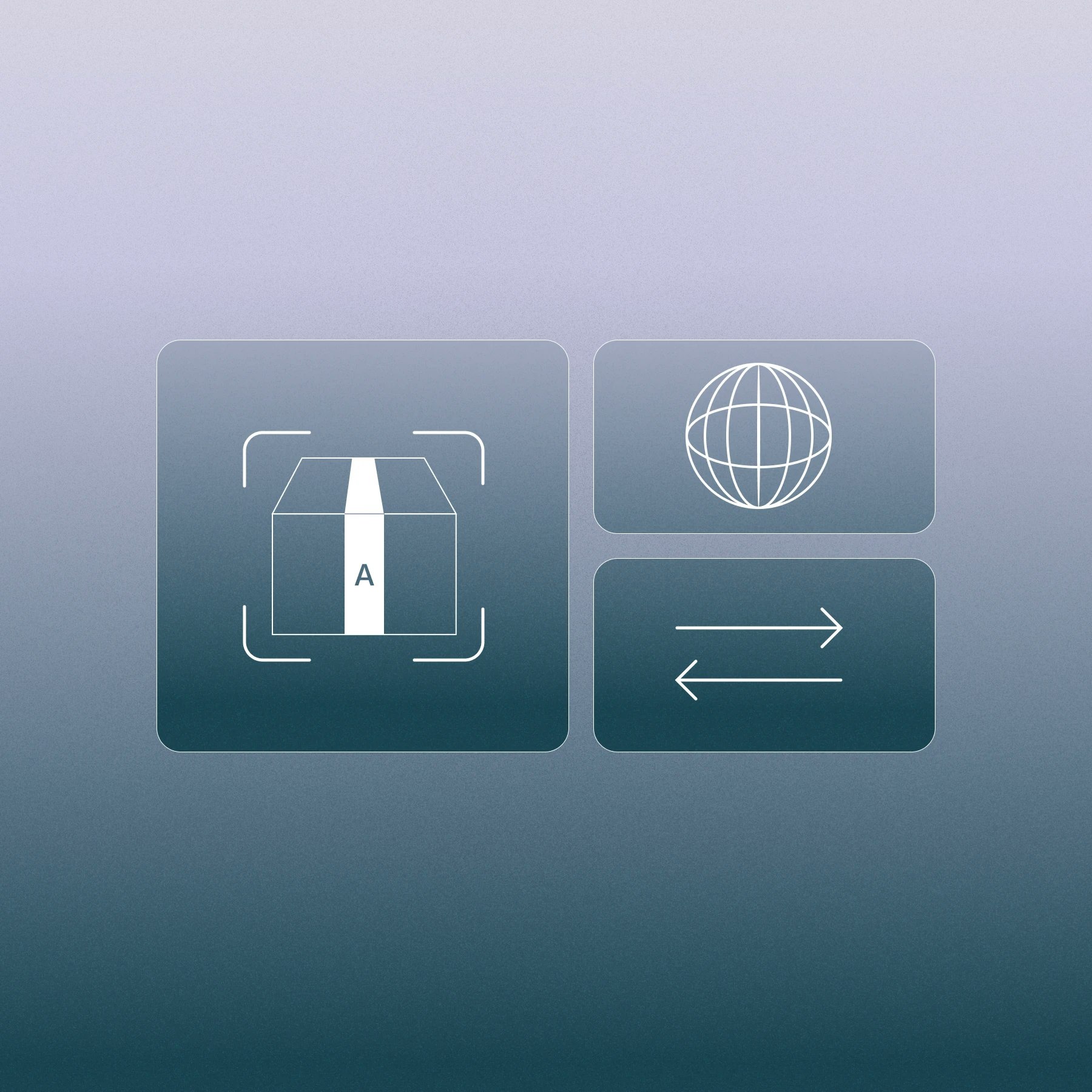 3 icons showing a box with an A on it, globe outline, and arrows going back and forth.